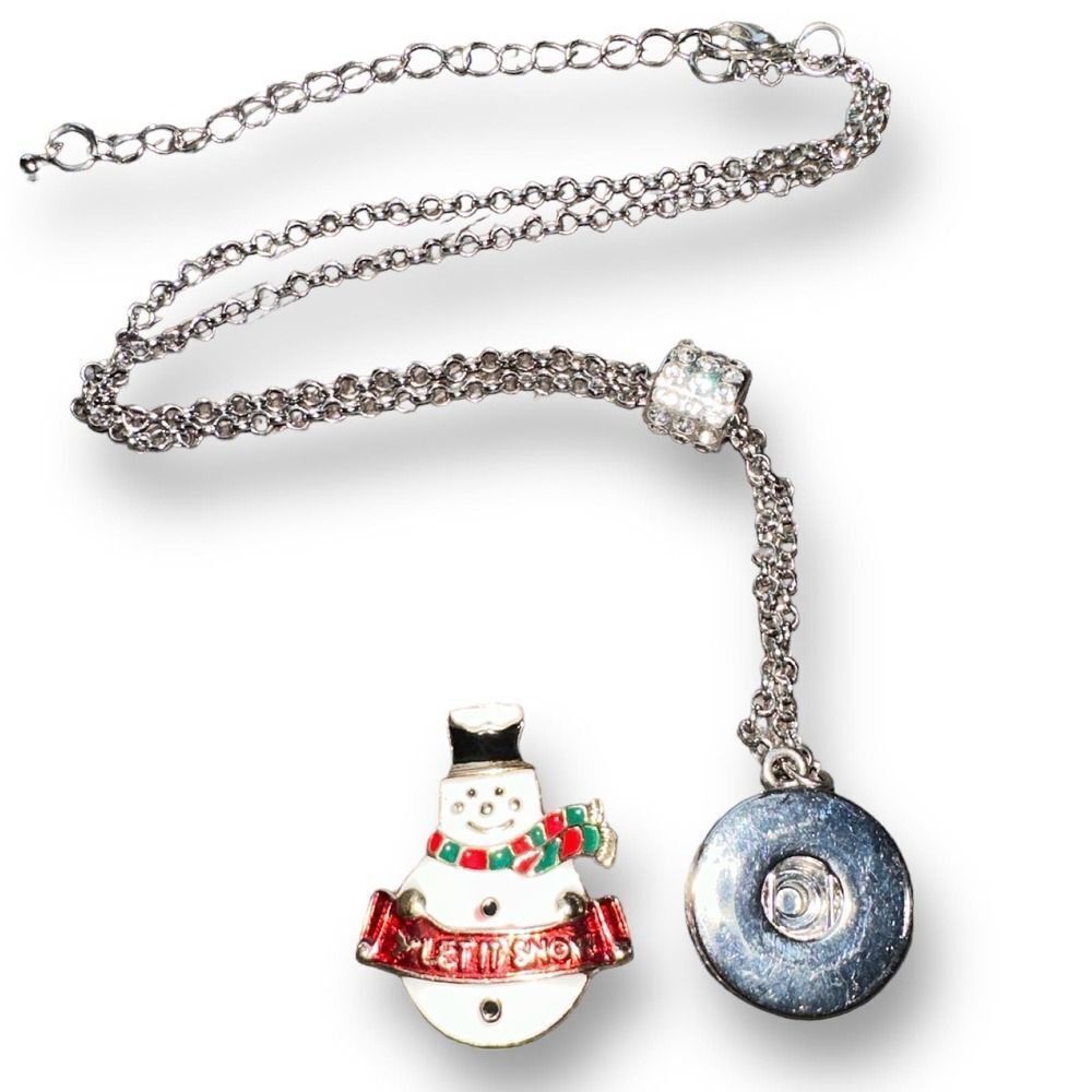 Snow Man Snapable Button Pendant Slider Rhinestone Chain Silver Plated Necklace
